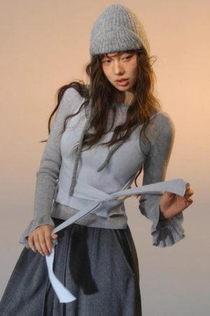 Fake Two Contrasting Tie-Up Sweater