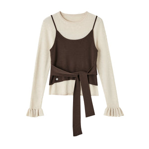 Fake Two Contrasting Tie-Up Sweater