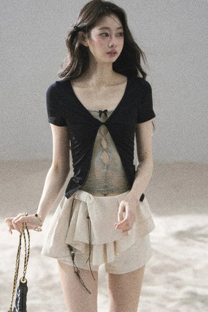 Fake Two-Piece Korean Style Lace Top