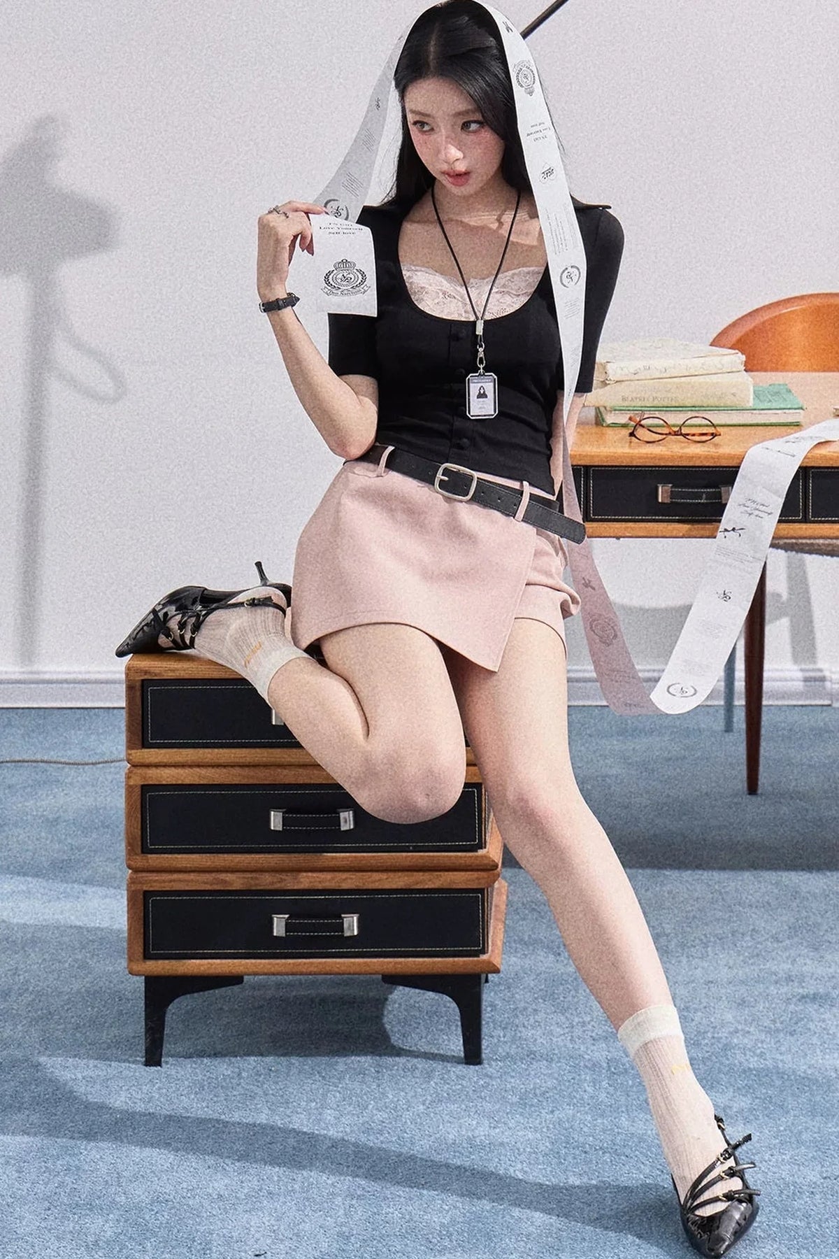 Fake Two-Piece U-Neck Short Top Set-Up