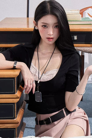 Fake Two-Piece U-Neck Short Top Set-Up