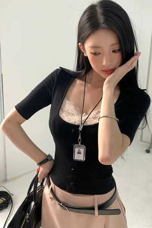Fake Two-Piece U-Neck Short Top Set-Up