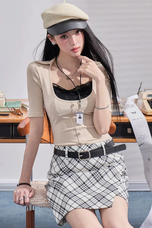 Fake Two-Piece U-Neck Short Top Set-Up