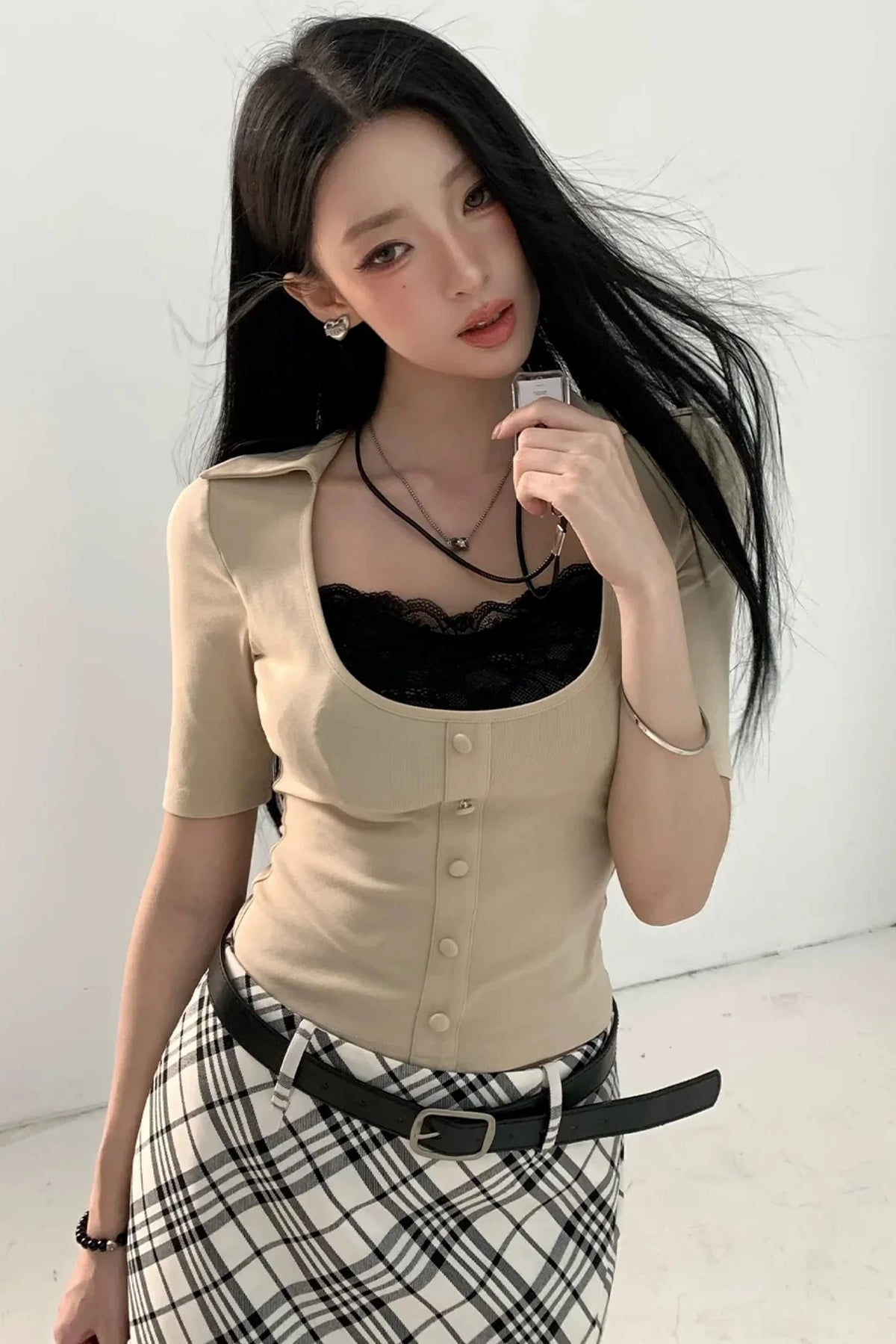 Fake Two-Piece U-Neck Short Top Set-Up