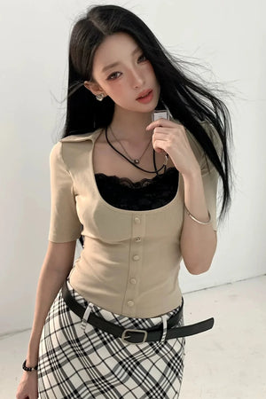 Fake Two-Piece U-Neck Short Top Set-Up