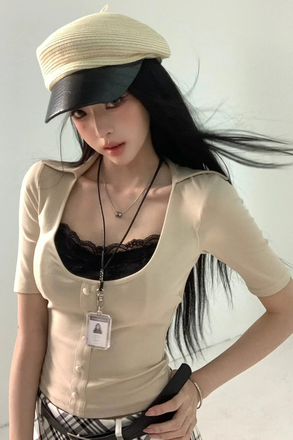 Fake Two-Piece U-Neck Short Top Set-Up