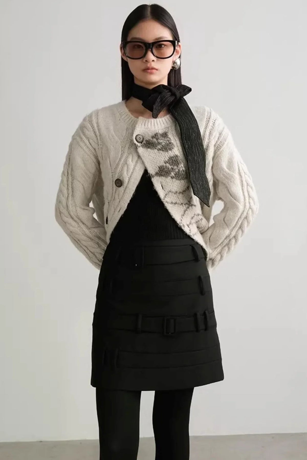 Faux Belt Patchwork Skirt