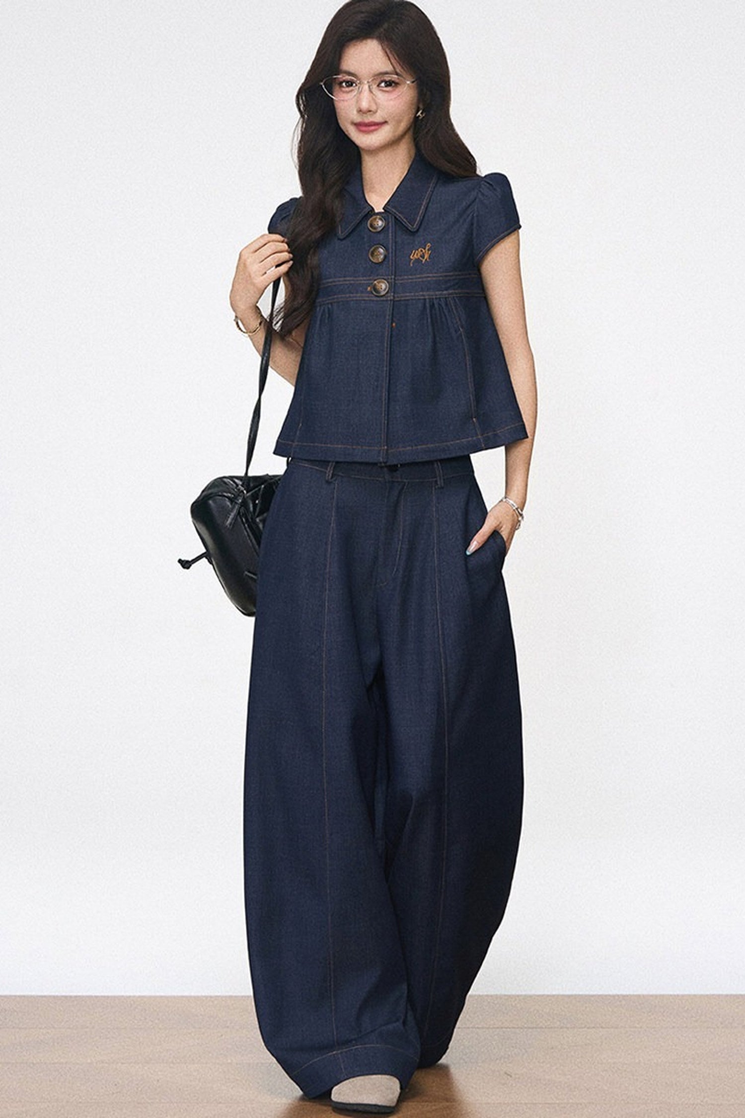 Faux Denim Blouse Set-Up