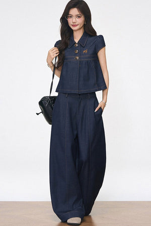 Faux Denim Blouse Set-Up