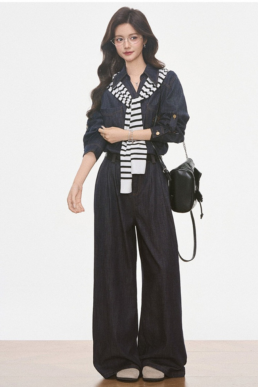 Faux Denim Shirt, Wide Pants and Jacket Set