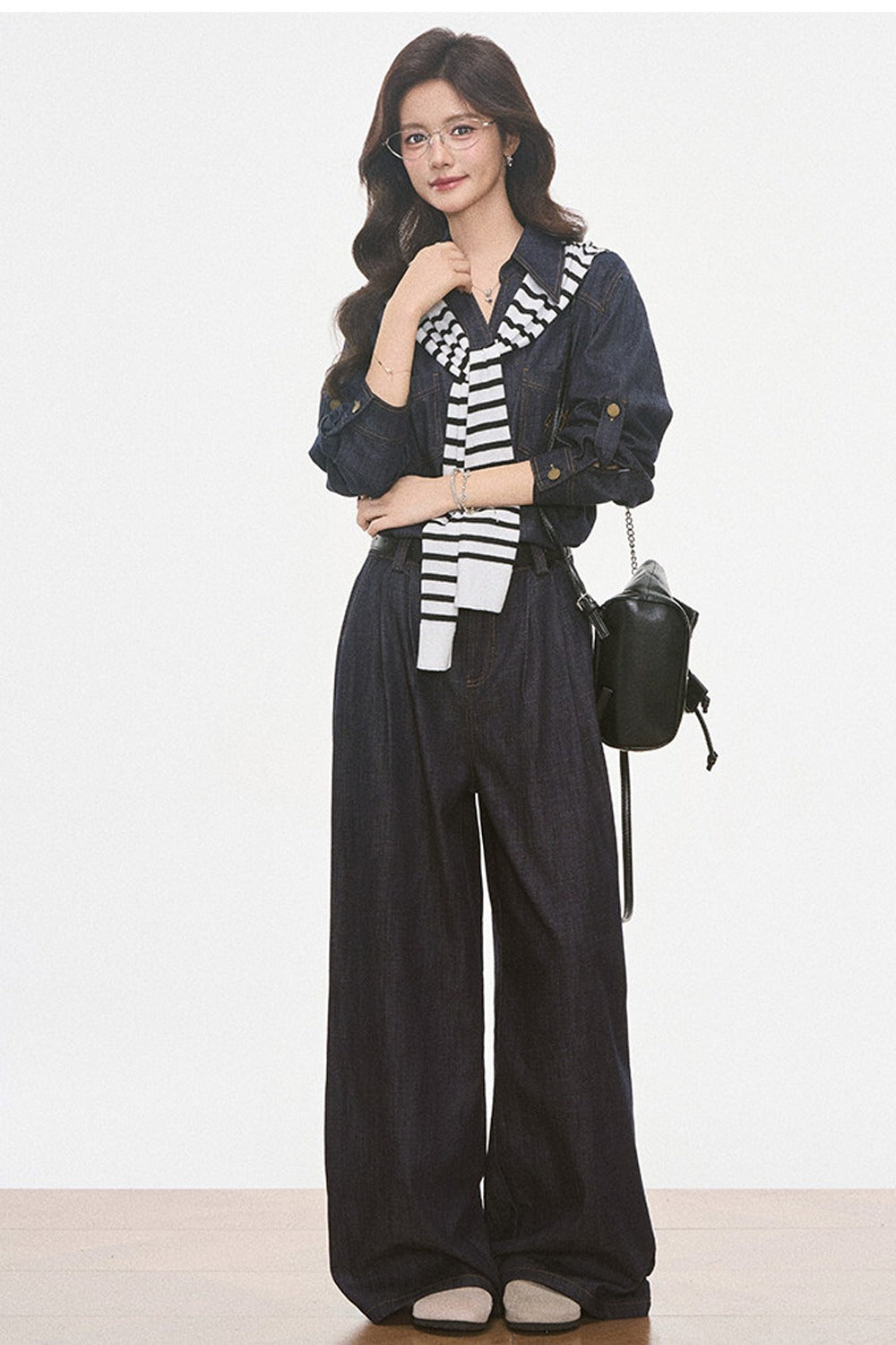 Faux Denim Shirt, Wide Pants and Jacket Set