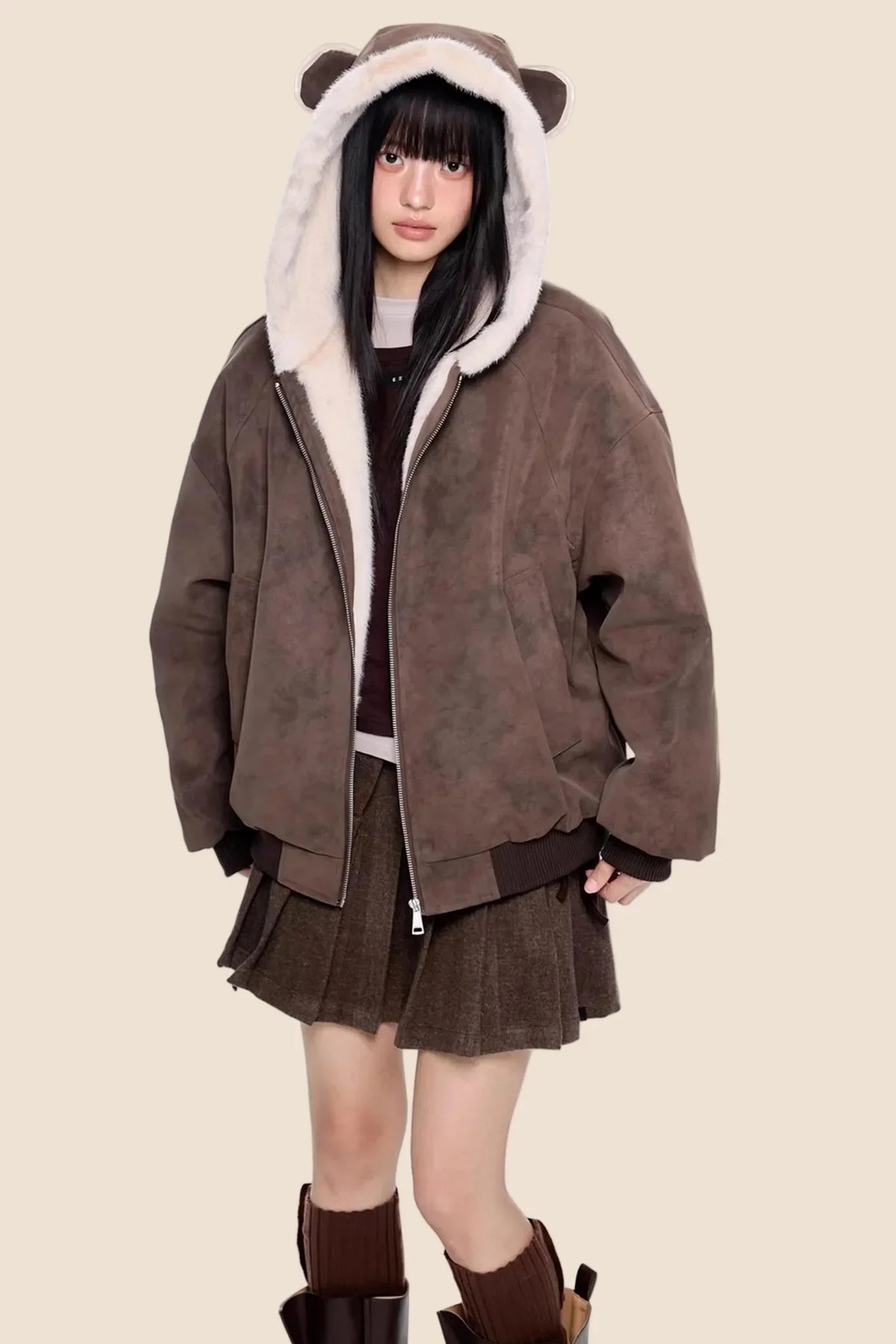 Faux Suede Hooded Fur Coat