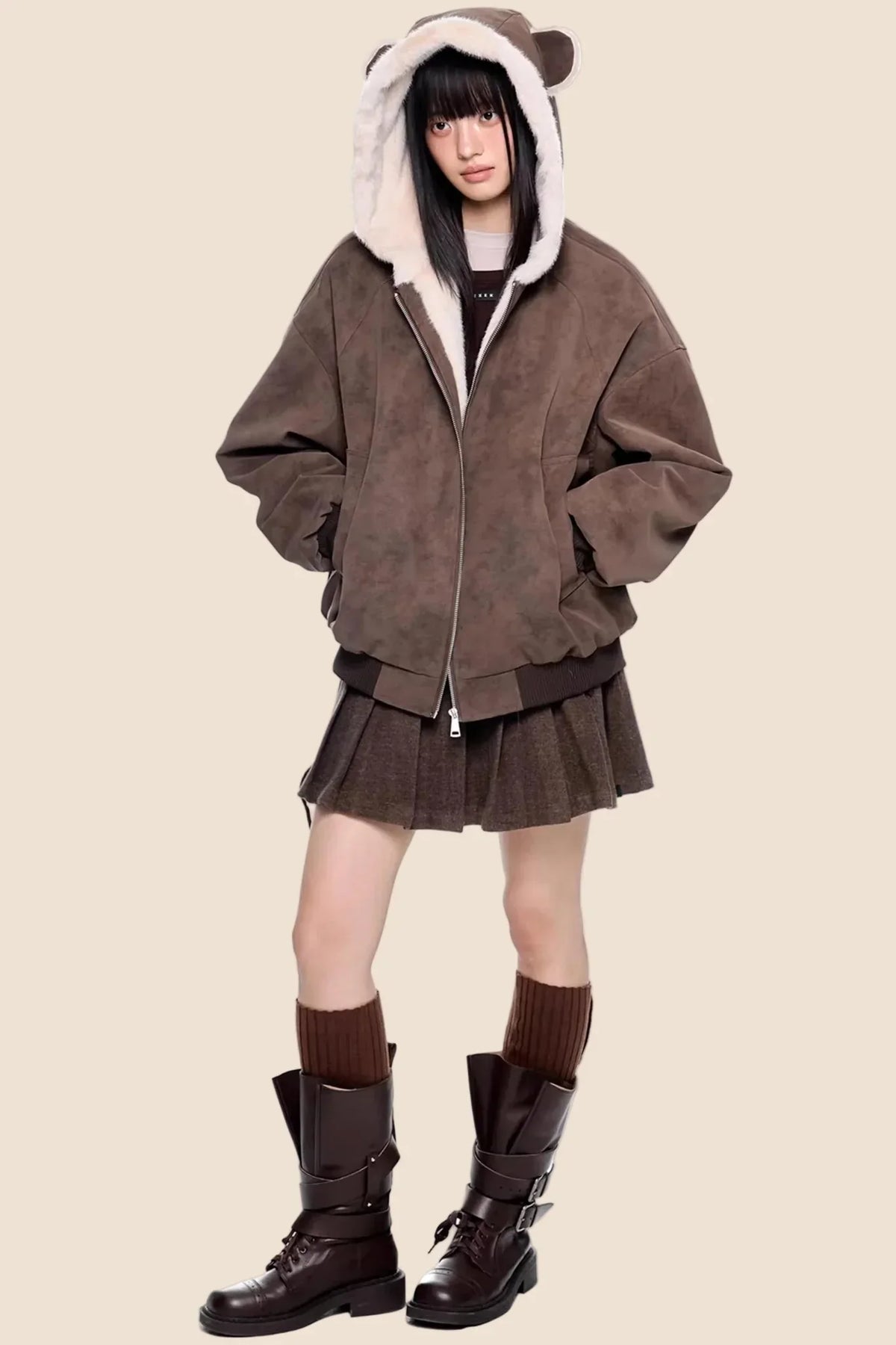 Faux Suede Hooded Fur Coat
