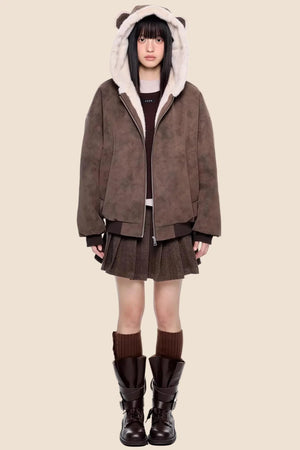 Faux Suede Hooded Fur Coat
