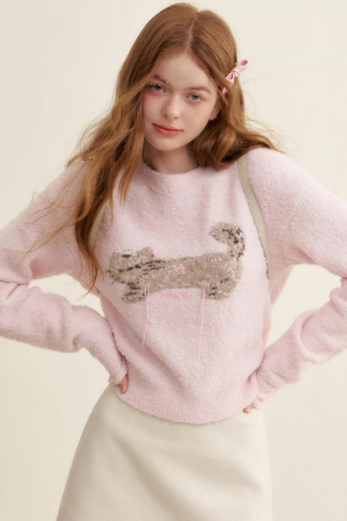 Feline Jacquard Pink Knit Sweater