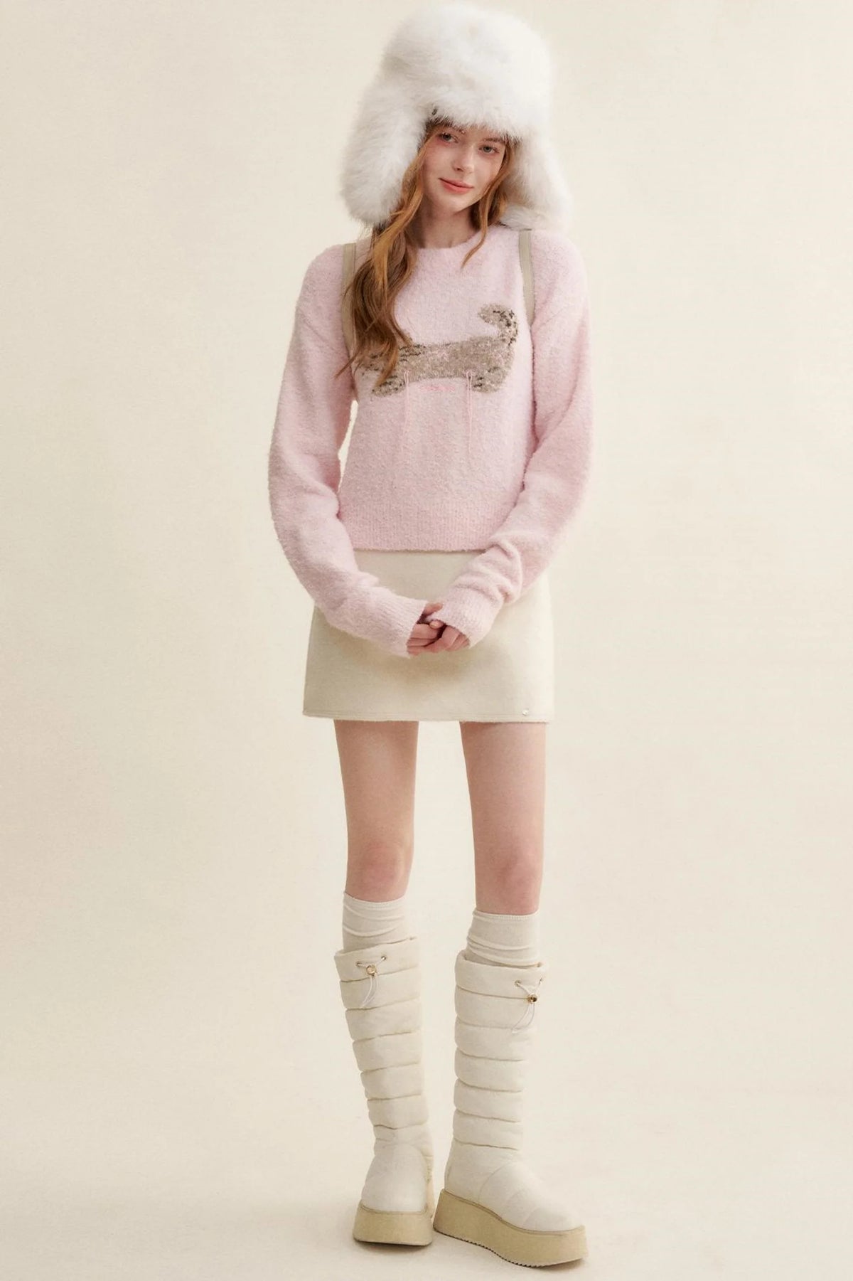 Feline Jacquard Pink Knit Sweater
