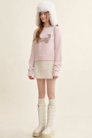 Feline Jacquard Pink Knit Sweater