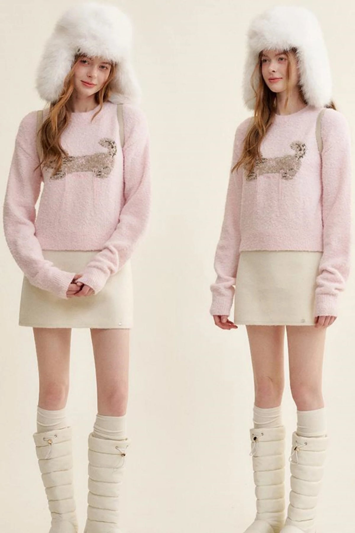 Feline Jacquard Pink Knit Sweater