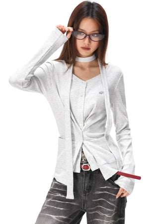 Fine Ribbed Knit Cardigan Top