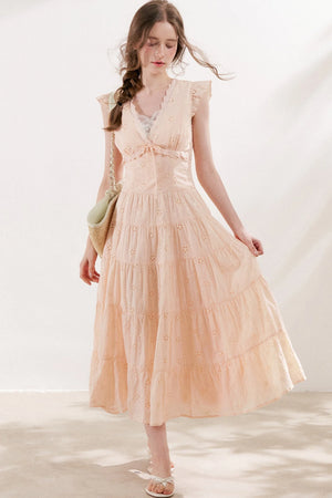 Five-Petal Flower Cutout Tiered Cotton Dress