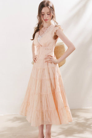 Five-Petal Flower Cutout Tiered Cotton Dress