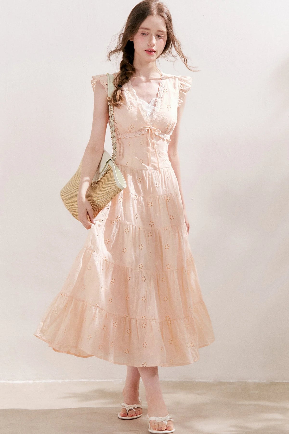 Five-Petal Flower Cutout Tiered Cotton Dress