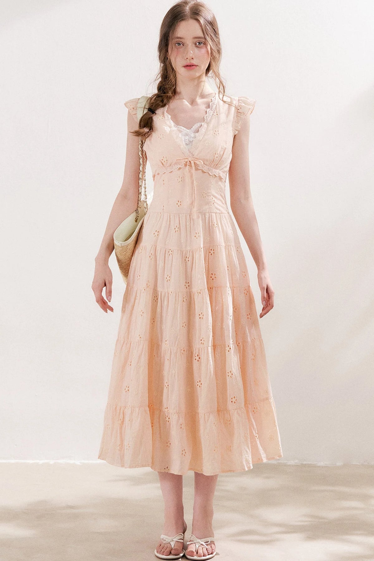 Five-Petal Flower Cutout Tiered Cotton Dress