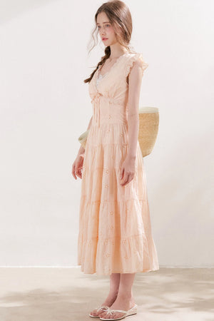 Five-Petal Flower Cutout Tiered Cotton Dress