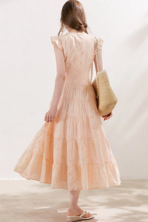 Five-Petal Flower Cutout Tiered Cotton Dress