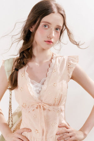 Five-Petal Flower Cutout Tiered Cotton Dress