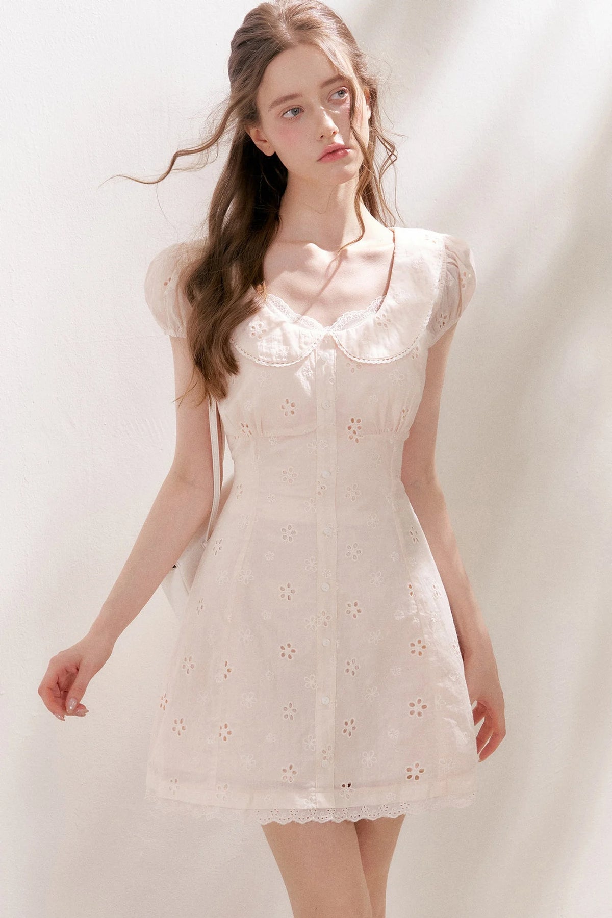 Five-Petal Flower Embroidered Cotton Doll Collar Dress