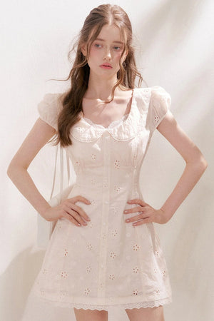 Five-Petal Flower Embroidered Cotton Doll Collar Dress