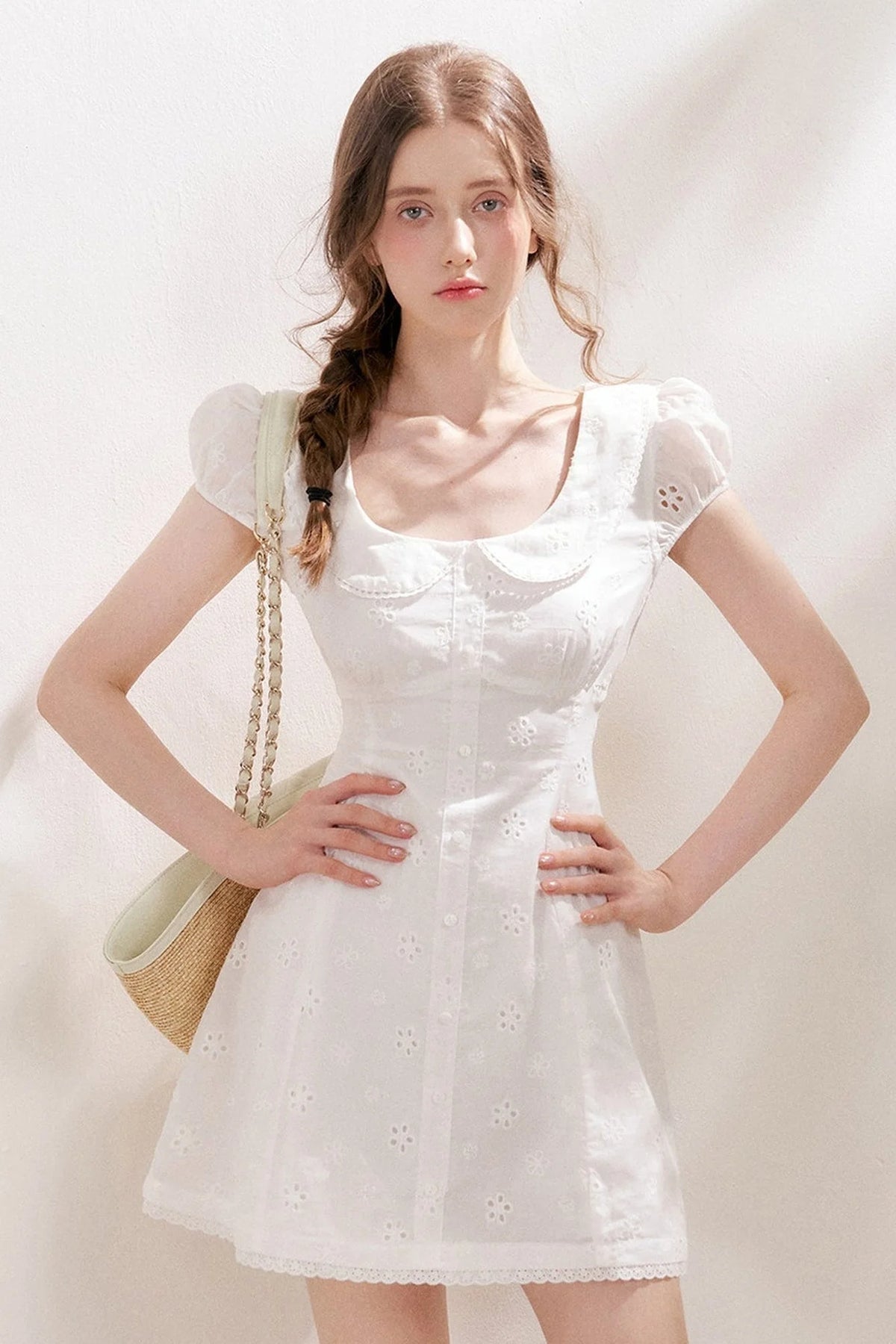Five-Petal Flower Embroidered Cotton Doll Collar Dress