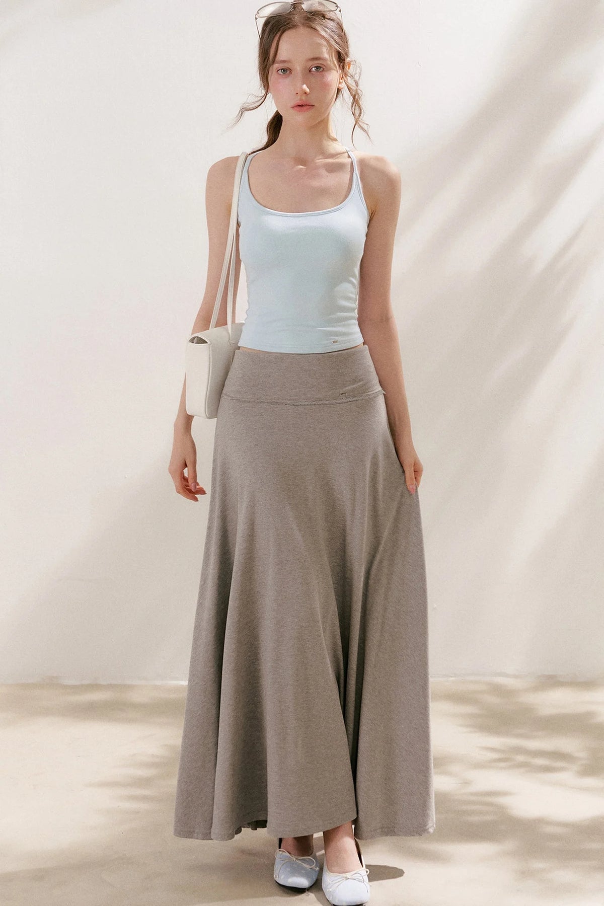 Flared Waist Draped A-Line Maxi Skirt