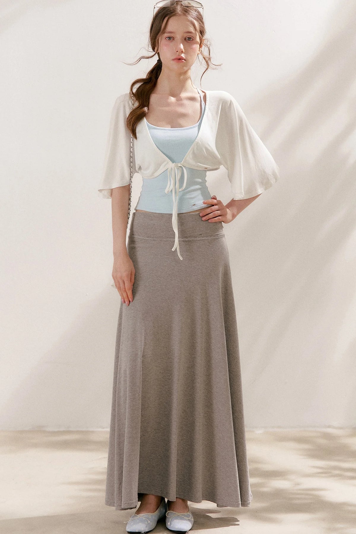 Flared Waist Draped A-Line Maxi Skirt