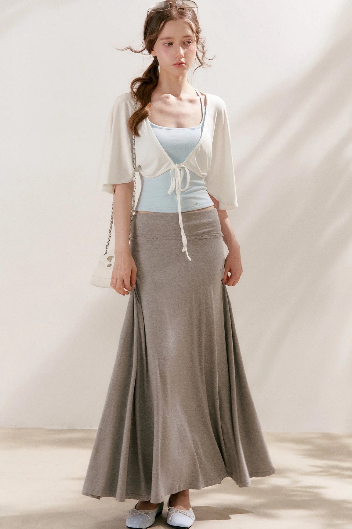 Flared Waist Draped A-Line Maxi Skirt