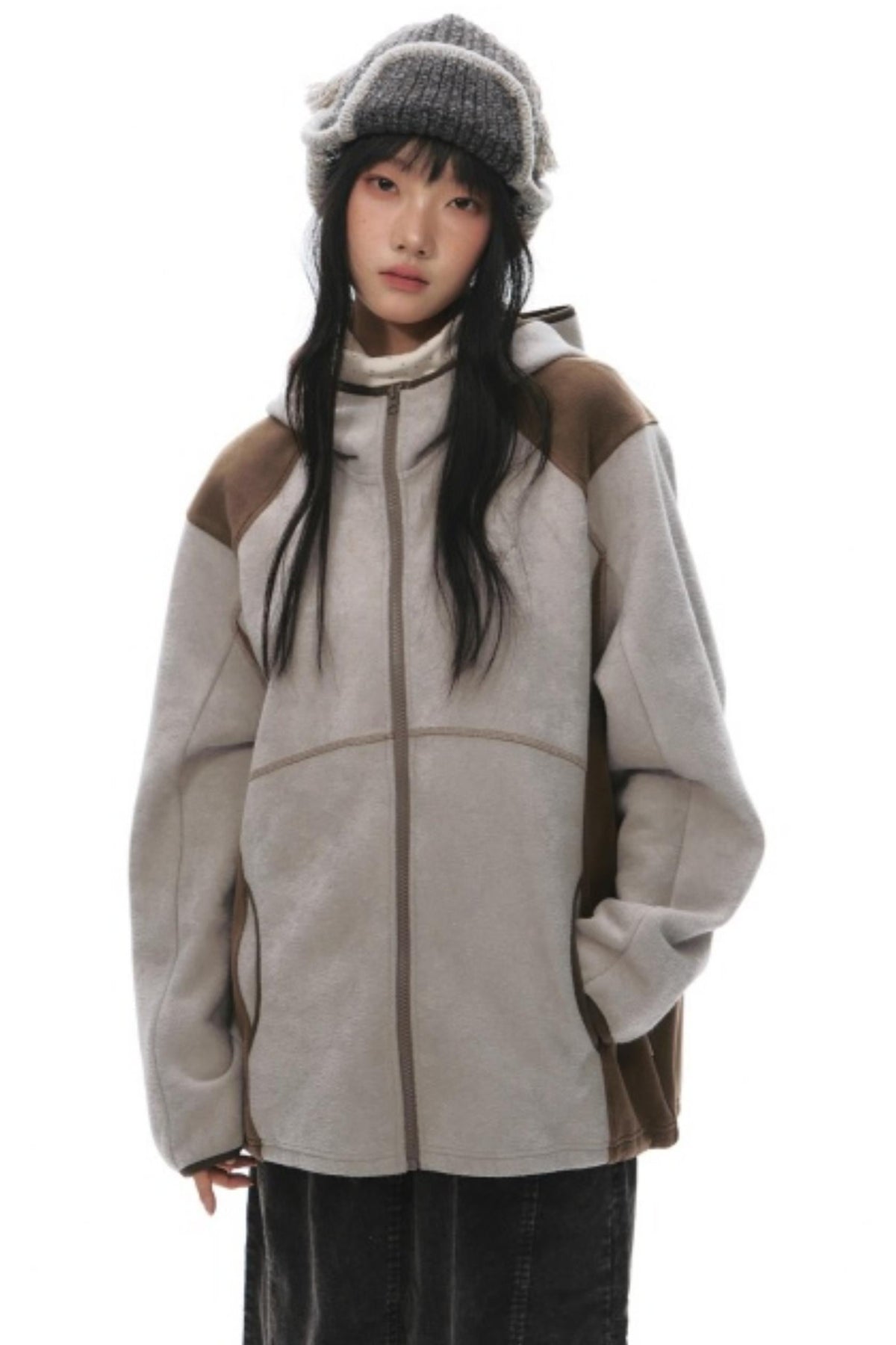 Fleece Patchwork Hooded Jacket