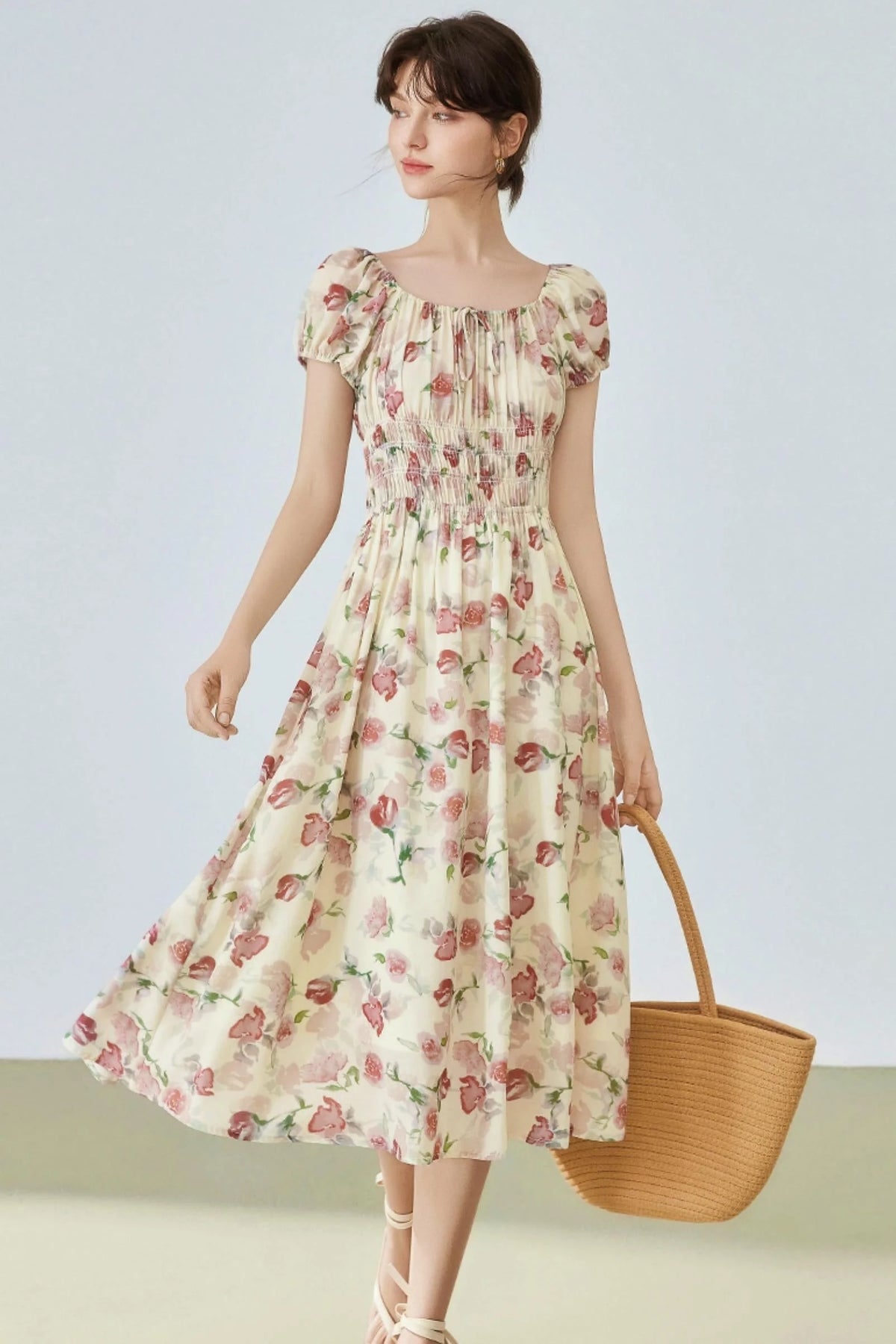 Floral Bubble Sleeve Midi Dress