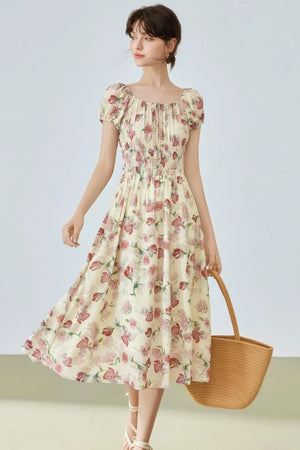 Floral Bubble Sleeve Midi Dress
