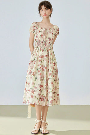 Floral Bubble Sleeve Midi Dress