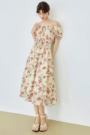Floral Bubble Sleeve Midi Dress