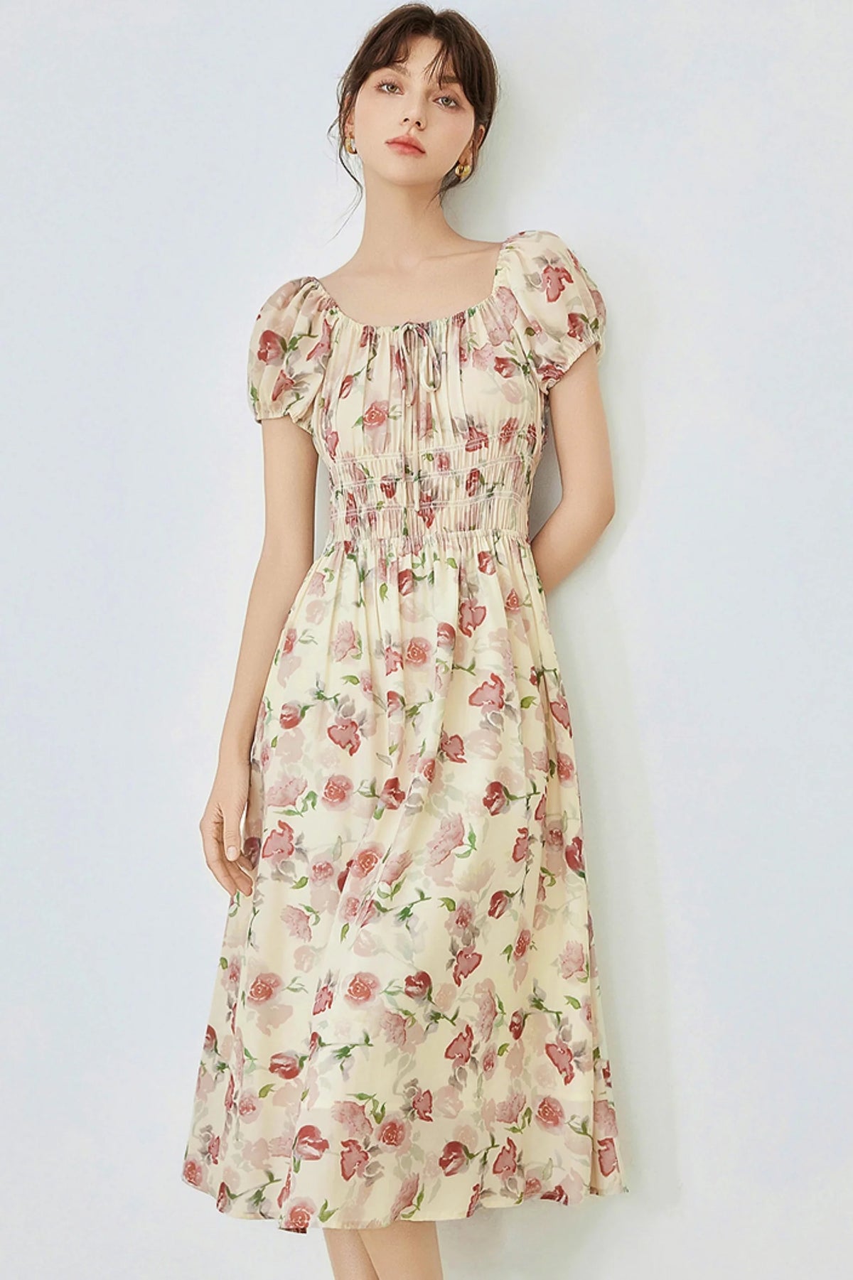 Floral Bubble Sleeve Midi Dress