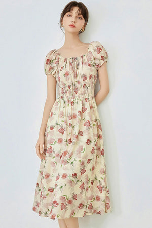 Floral Bubble Sleeve Midi Dress