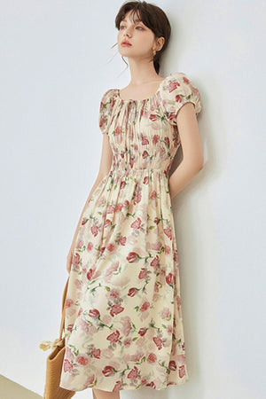 Floral Bubble Sleeve Midi Dress