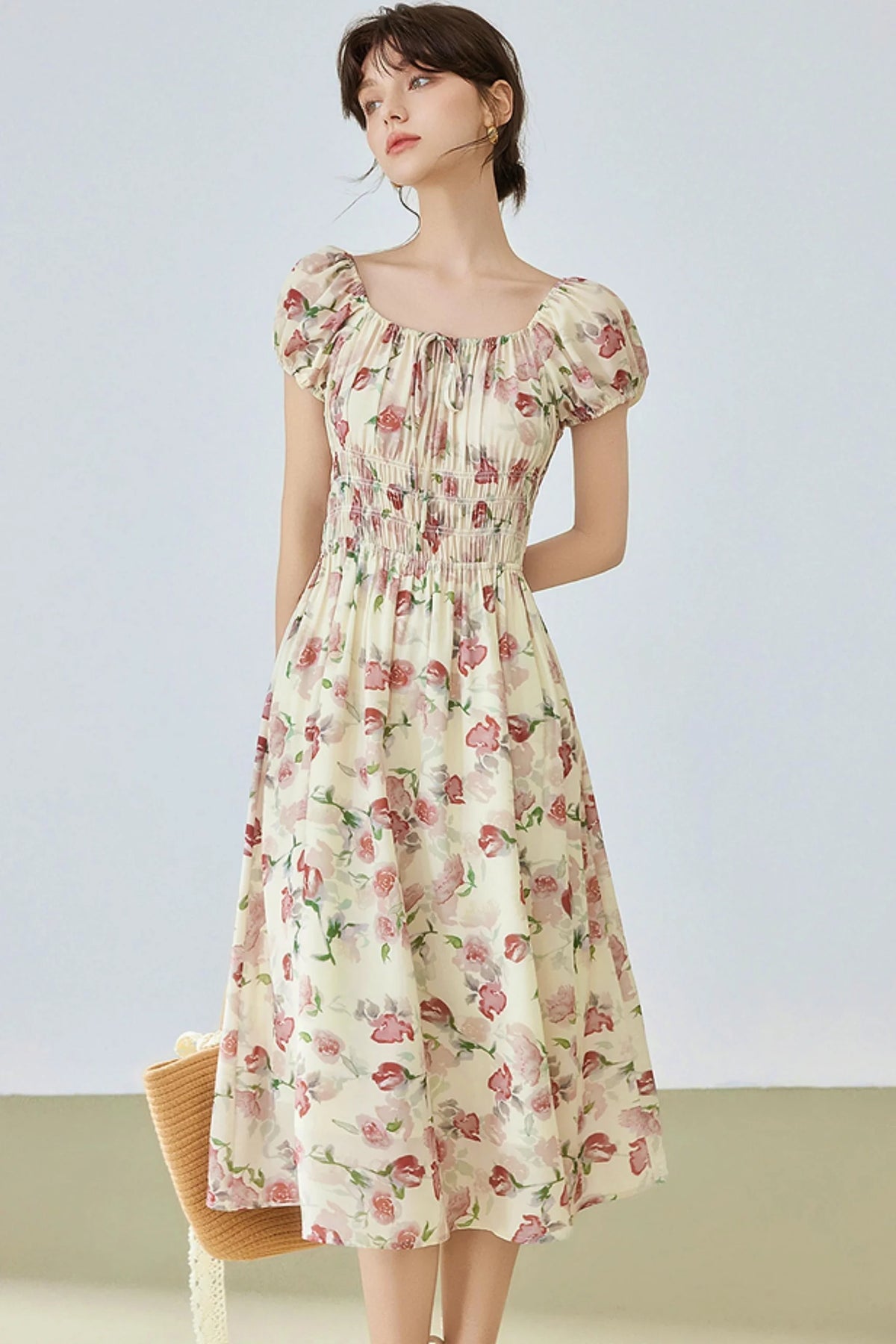 Floral Bubble Sleeve Midi Dress