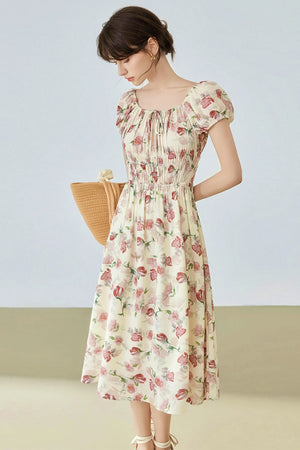 Floral Bubble Sleeve Midi Dress