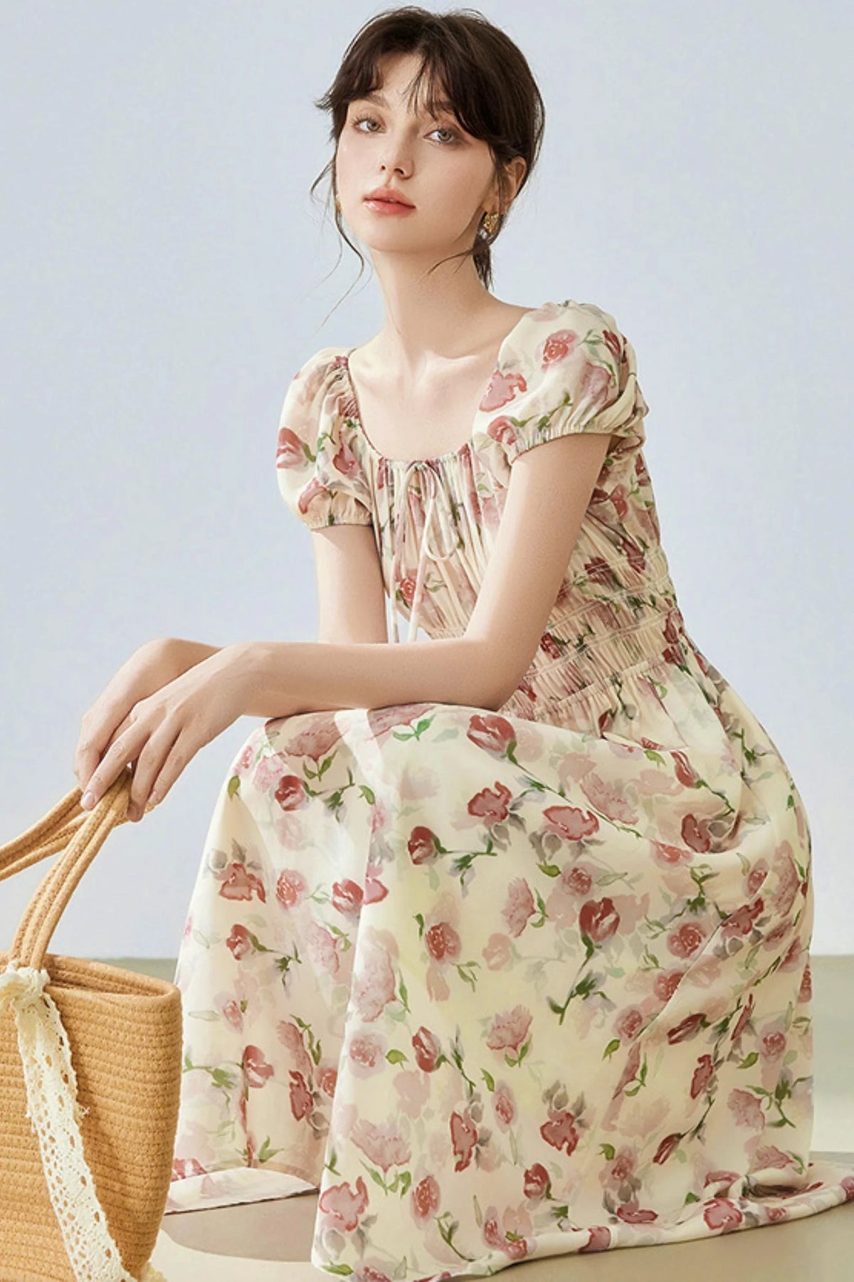 Floral Bubble Sleeve Midi Dress