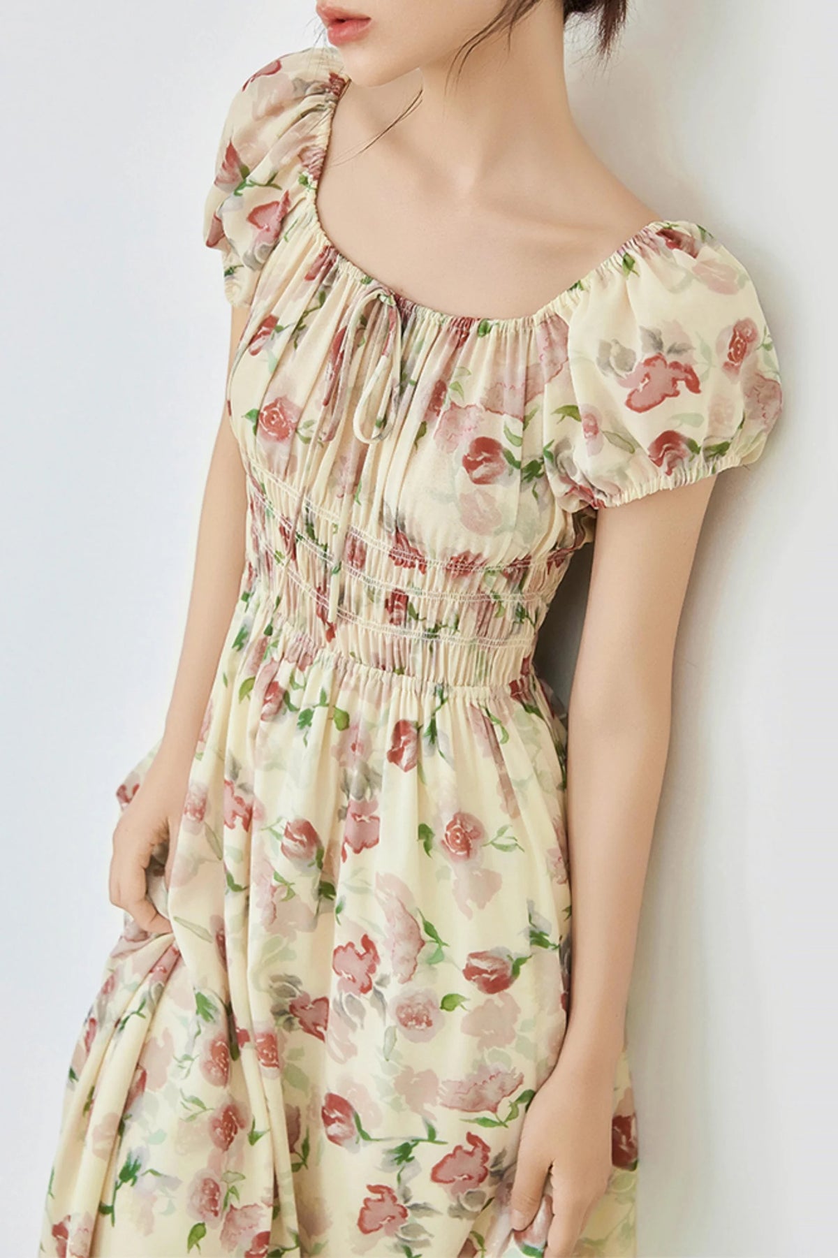 Floral Bubble Sleeve Midi Dress