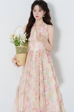 Floral Chiffon Halter V-Neck Ruffle Dress