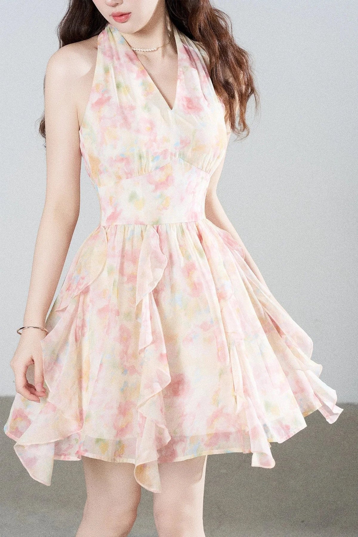 Floral Chiffon Halter V-Neck Ruffle Dress